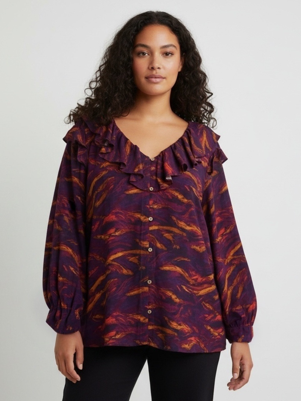 Terra & Sky Purple and Orange Ruffled Blouse
